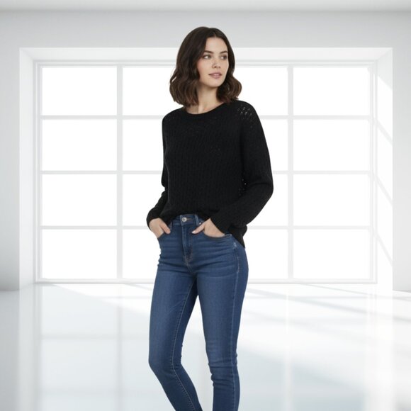 NWT Colour Works Fishnet Sweater XS Black Open Weave Cutout Cotton Knit Pullover - Picture 1 of 15